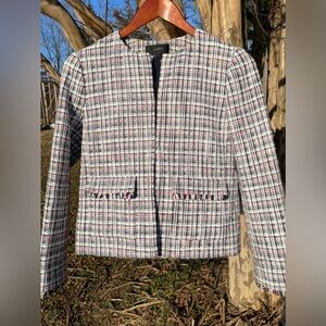 J. Crew Women's Cotton Tweed Blazer - Blue, White, Red Preppy Americana Academic